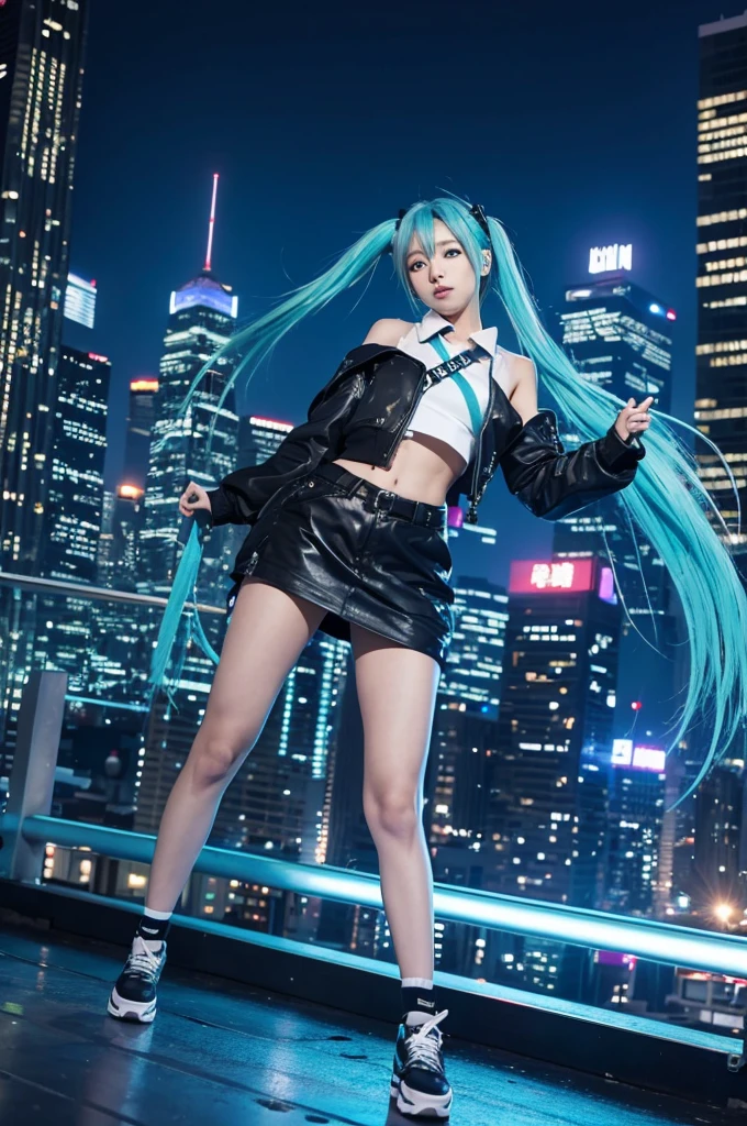 Image of Hatsune Miku performing in hip-hop style with the city night view as the background。