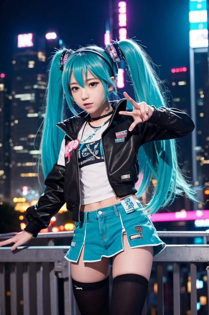 Image of Hatsune Miku performing in hip-hop style with the city night view as the background。