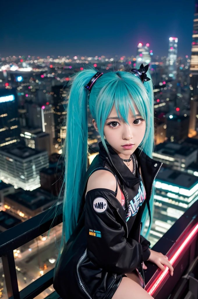 Image of Hatsune Miku performing in hip-hop style with the city night view as the background。