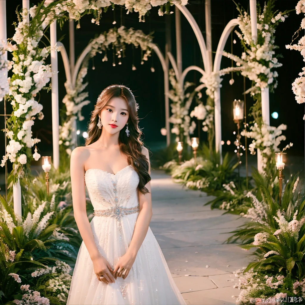 Generate an image of an extraordinarily beautiful 20-year-old Asian woman standing alone, whose beauty rivals that of a goddess of the fire element. She has large brown eyes, dark brown hair, glowing skin, and a captivating appearance. She is wearing a stunning white wedding dress that accentuates her elegance. The woman stands charmingly alone, her beauty appearing as if blessed by nature, in a very romantic and lovely aisle adorned with flowers and soft lighting, exuding a magical and serene atmosphere.