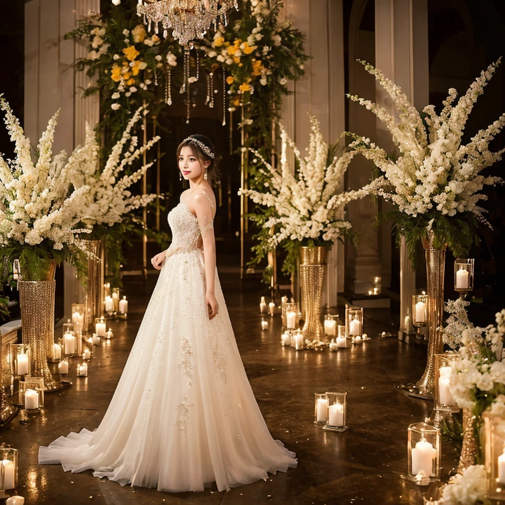 Generate an image of an extraordinarily beautiful 20-year-old Asian woman standing alone, whose beauty rivals that of a goddess of the fire element. She has large brown eyes, dark brown hair, glowing skin, and a captivating appearance. She is wearing a stunning white wedding dress that accentuates her elegance. The woman stands charmingly alone, her beauty appearing as if blessed by nature, in a very romantic and lovely aisle adorned with flowers and soft lighting, exuding a magical and serene atmosphere.