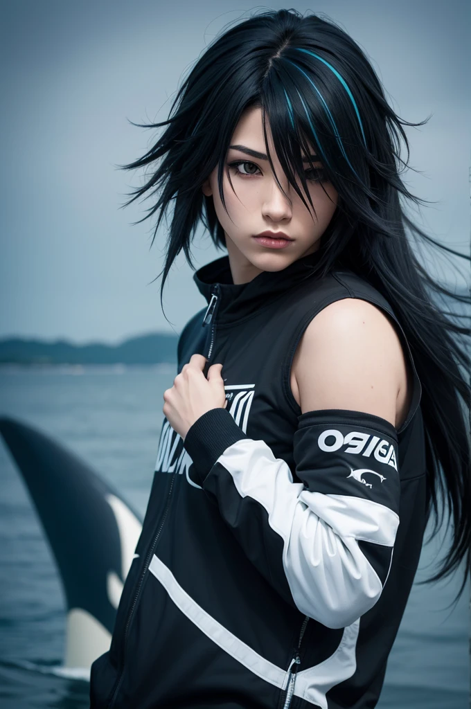 An orca with scene style, emo hair but with hyper realistic colored highlights