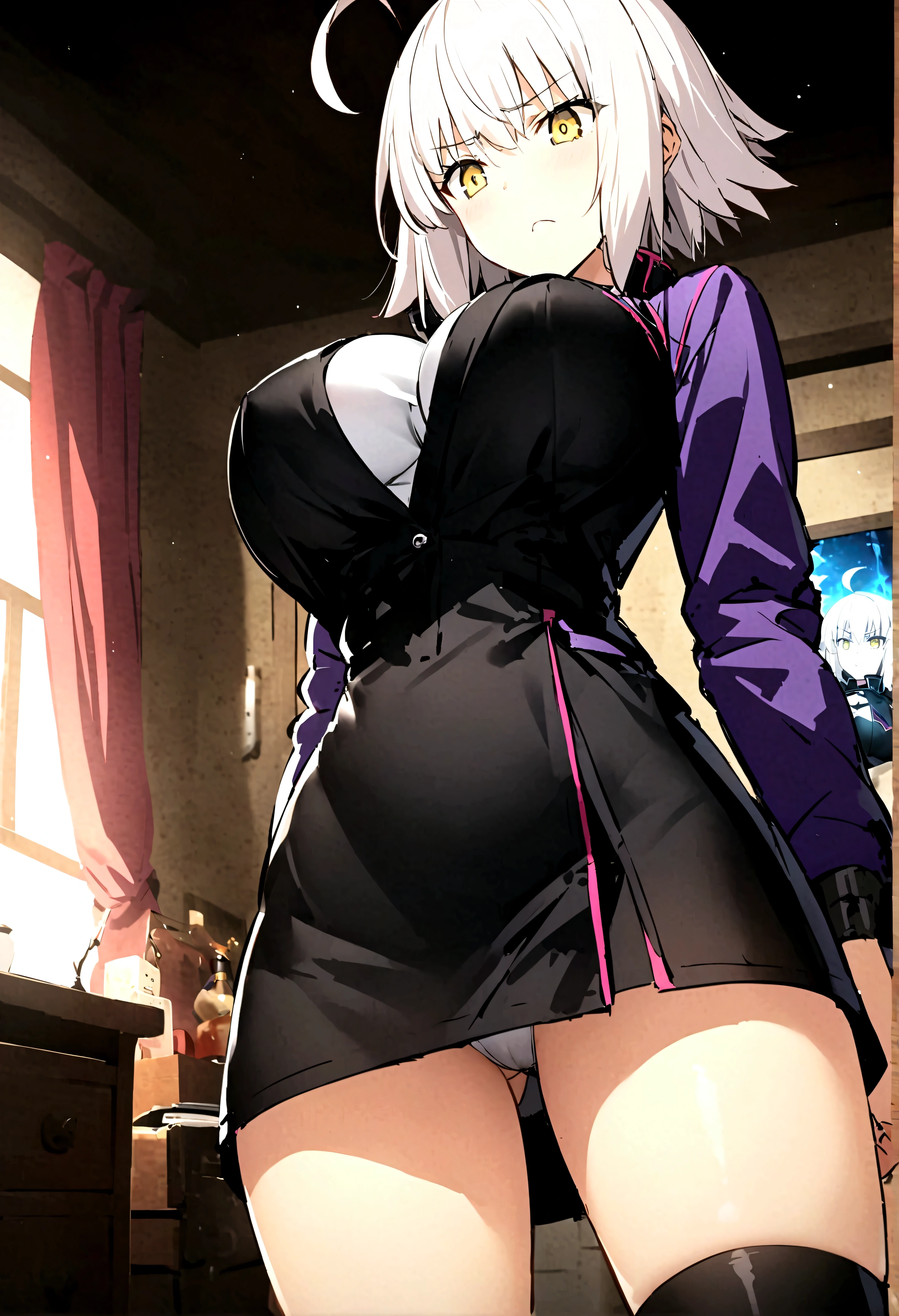 score_9,score_8_up,score_7_up,score_6_up,score_5_up,score_4_up BREAK source_anime,rating_questionable,2koma,1girl,solo,jeanne d'arc alter \(fate\),white hair,short hair,yellow eyes,large breasts,takeuchi takashi,cinematic lightning,ahoge,short dress,jacket,open jacket,kneehighs,black boots,indoors,bedroom,