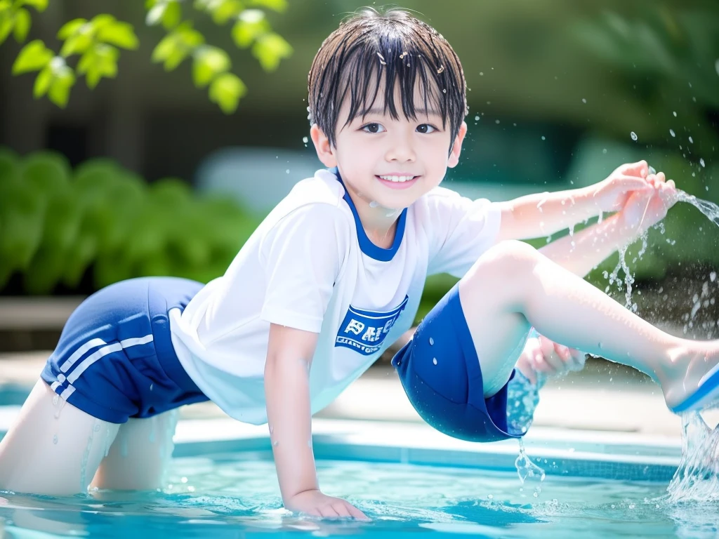 Sultry summer、、Summer swimming pool、Get wet all over、Japan Boy、Glowing water splashes、Pool lessons、Boy playing in water、The happy boys、Strong sunlight、Short sleeve gym uniform、Blue shorts、barefoot,Boys only 、10age、high resolution、masterpiece