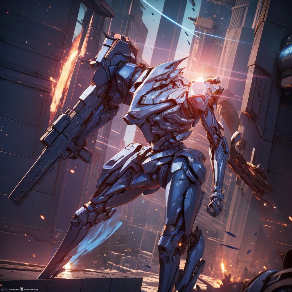 (Obra de arte, melhor qualidade:1.5).Mech branco e azul com detalhes dourados, médio, segurando uma sniper azul grande. Extremely detaild, 8K, HDR, naturallight, cinematic lighting, masterpiece-anatomy-perfect, Ultra HD, (Space Combat:1.5, Battlefield:1.5), RAW photo, metallic, professional, ultra-fine painting, perfect body proportions, anatomically correct, uhd, real texture material, Anti-Aliasing, FKAA, TXAA, SSAO, Post Processing, Post Production, Tone Mapping, CGI, VFX, SFX, Hyper maximalist, Volumetric, ultra photorealultra-detailed intricate details.