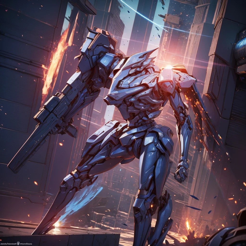 (Obra de arte, melhor qualidade:1.5).Mech branco e azul com detalhes dourados, médio, segurando uma sniper azul grande. Extremely detaild, 8K, HDR, naturallight, cinematic lighting, masterpiece-anatomy-perfect, Ultra HD, (Space Combat:1.5, Battlefield:1.5), RAW photo, metallic, professional, ultra-fine painting, perfect body proportions, anatomically correct, uhd, real texture material, Anti-Aliasing, FKAA, TXAA, SSAO, Post Processing, Post Production, Tone Mapping, CGI, VFX, SFX, Hyper maximalist, Volumetric, ultra photorealultra-detailed intricate details.