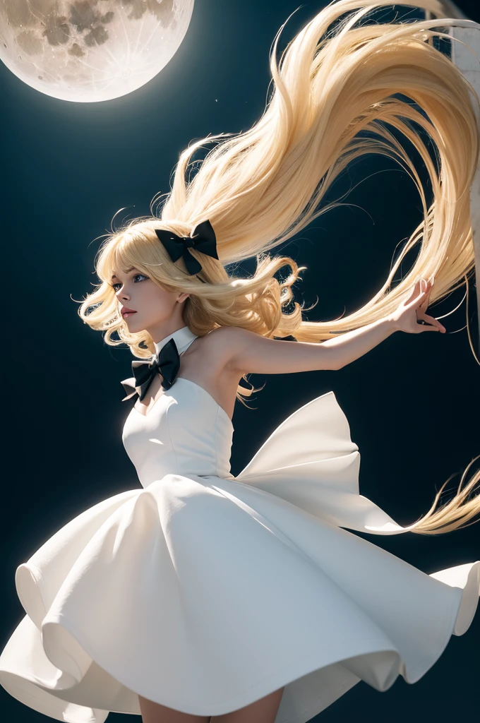 Photo of a female lizard with big, blonde hair floating through the air and wearing a white dress with a black bow on the front, on a moon