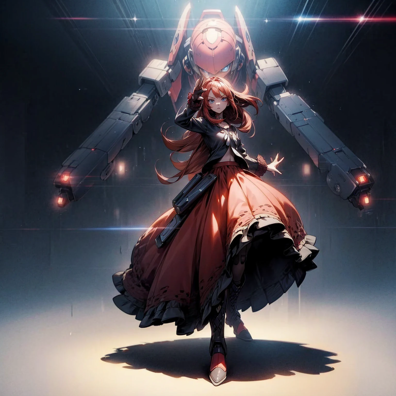 1girl, full body version, 1character, blue eyes, dark red colour hair, long layers hairstyle, bohemian clothing style, long skirt, boots, Grassroots background in town, motion blur, shadow, (with Biggest robot in behind, battle gesture, lighting weapon robot), (one piece style art)