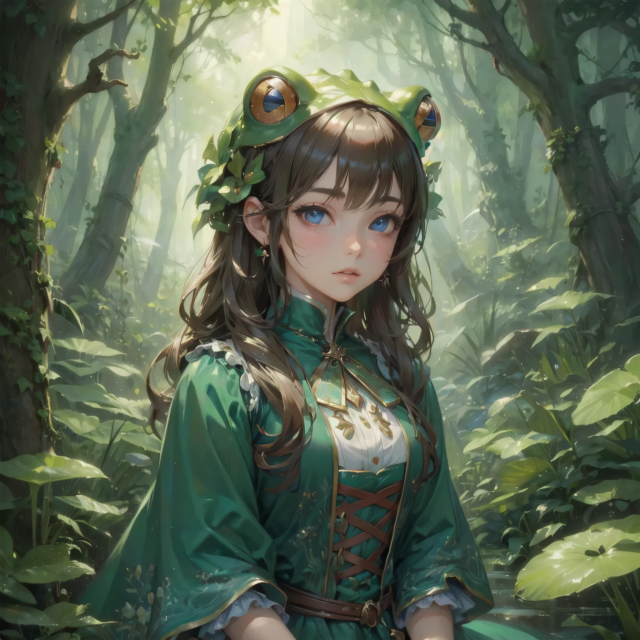  masterpiece, (textured skin), best quality, gorgeous beautiful girl, (a female 
frog),,detailed clothes,large breasts,narrow waist,, (beautiful face), cinematic lighting, (fantasy anime art ),