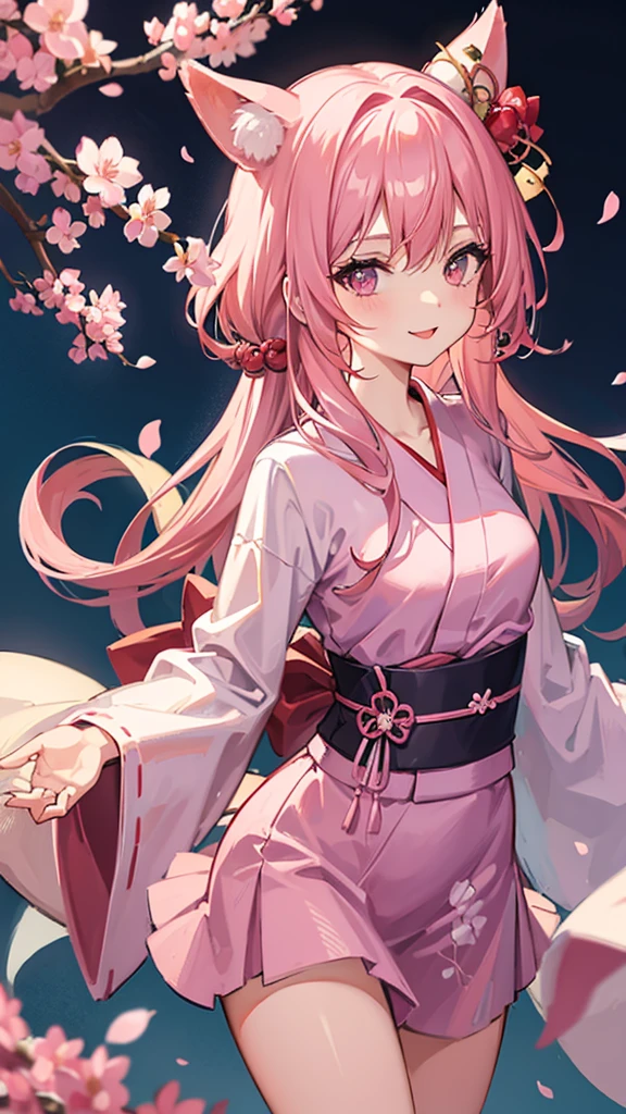 Pink Hair　Pink eyes　Small breasts　Brat　Tongue out　Cherry blossom pattern yukata　Fantastic place　Dancing with a fan in each hand　high school student　Side tail hairstyle