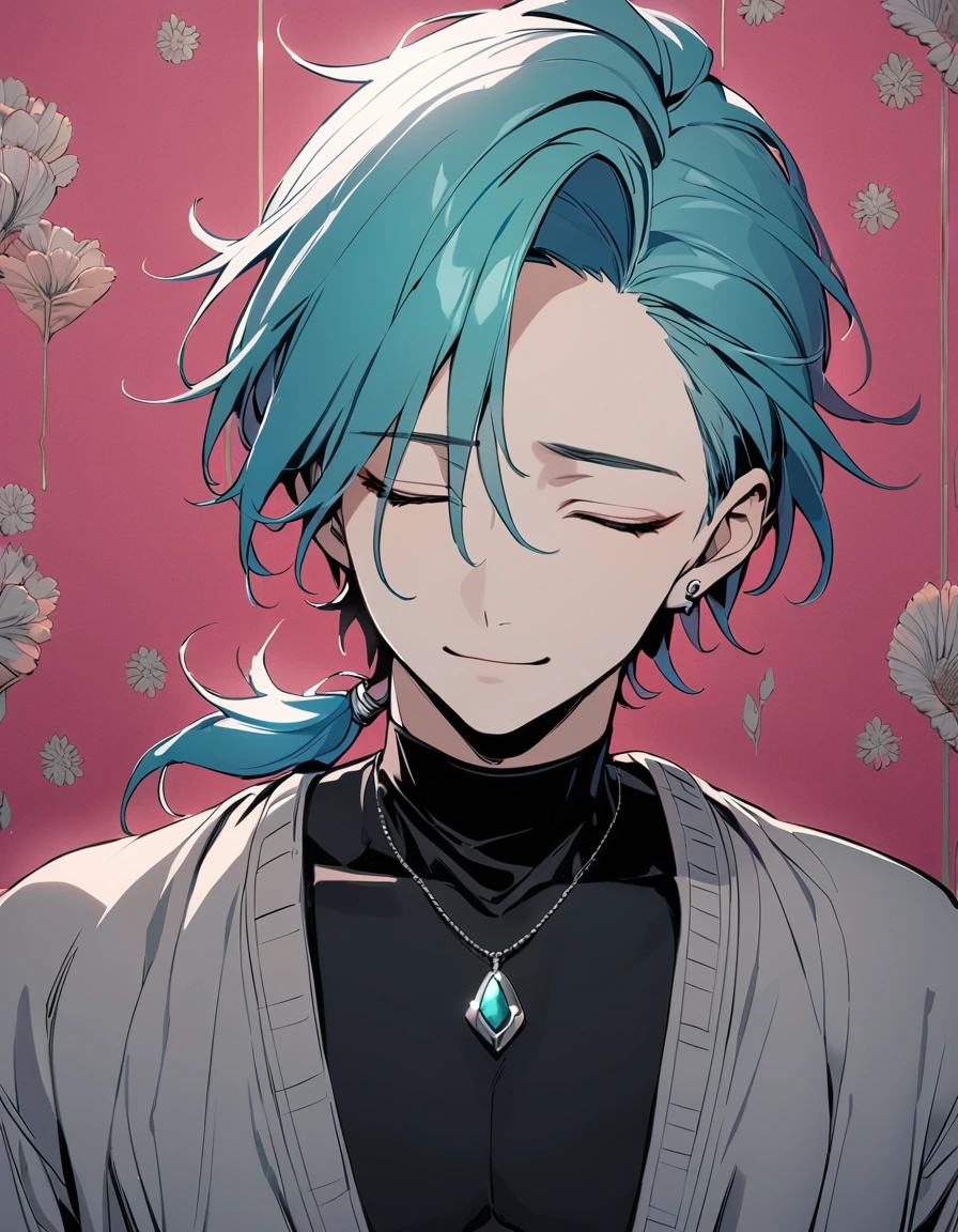 ((((best masterpiece, best quality, wallpaper,)))) solo, guy, male body, small muscles, flat chest, 1male, 30 years old, handsome man, upper body, looking at viewers, beautiful detailed, seductive smile, mediumturquoise hair, ((((Lower short ponytail)))), asymmetrical bangs, ((short hair,)) (((light smile, closed eyes, tareme, droopy eyes,))) (((perfect face,))) perfect hands, sharp nose, clear face, black turtleneck, grey cardigan, ((silver piercing, pendant,)) leggings, pink background color ultrasharp, 8K, masterpiece,
