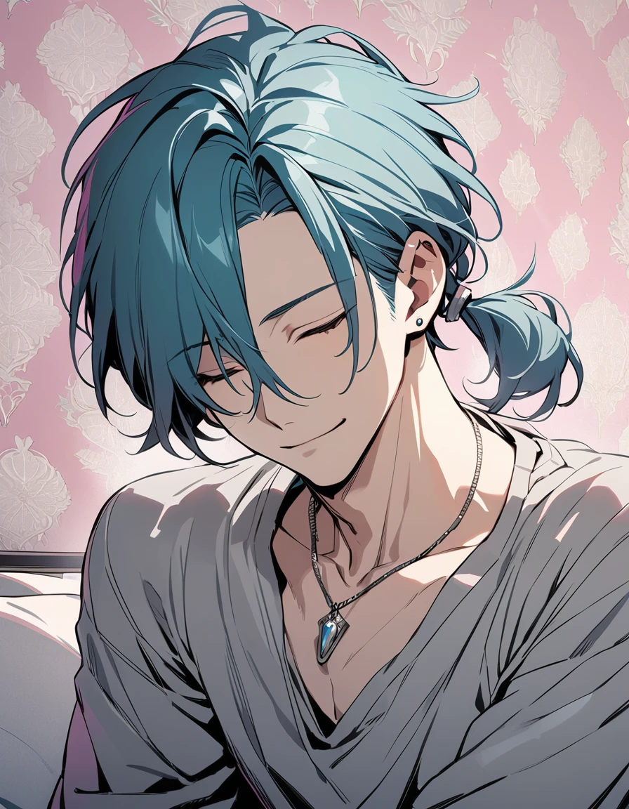 ((((best masterpiece, best quality, wallpaper,)))) solo, guy, male body, small muscles, flat chest, 1male, 30 years old, handsome man, upper body, looking at viewers, beautiful detailed, seductive smile, mediumturquoise hair, ((((Lower short ponytail)))), asymmetrical bangs, ((short hair,)) (((light smile, closed eyes, tareme, droopy eyes,))) (((perfect face,))) perfect hands, sharp nose, clear face, black turtleneck, grey cardigan, ((silver piercing, pendant,)) leggings, pink background color ultrasharp, 8K, masterpiece,
