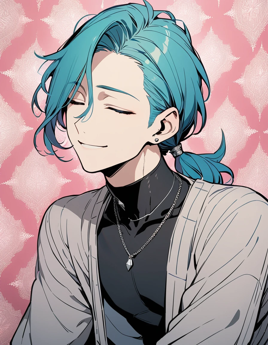 ((((best masterpiece, best quality, wallpaper,)))) solo, guy, male body, small muscles, flat chest, 1male, 30 years old, handsome man, upper body, looking at viewers, beautiful detailed, seductive smile, mediumturquoise hair, ((((Lower short ponytail)))), asymmetrical bangs, ((short hair,)) (((light smile, closed eyes, tareme, droopy eyes,))) (((perfect face,))) perfect hands, sharp nose, clear face, black turtleneck, grey cardigan, ((silver piercing, pendant,)) leggings, pink background color ultrasharp, 8K, masterpiece,
