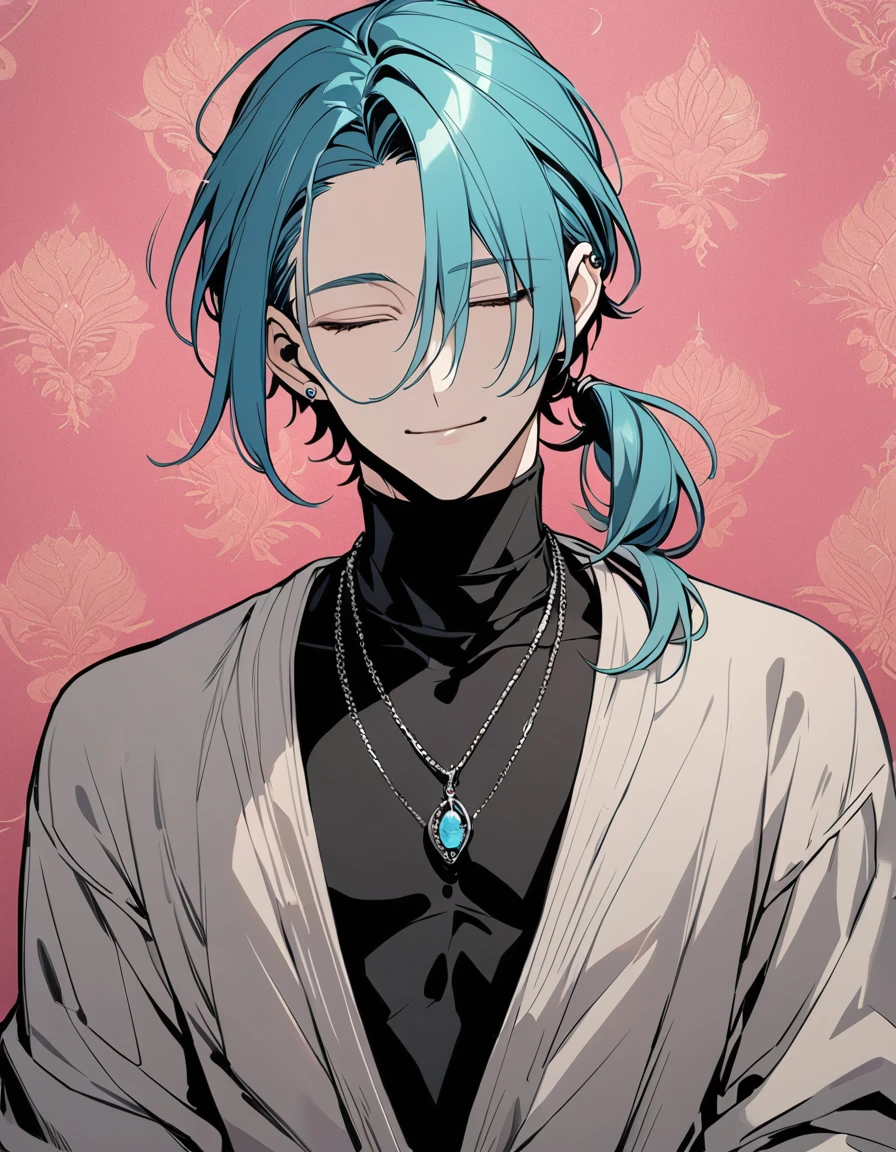 ((((best masterpiece, best quality, wallpaper,)))) solo, guy, male body, small muscles, flat chest, 1male, 30 years old, handsome man, upper body, looking at viewers, beautiful detailed, seductive smile, mediumturquoise hair, ((((Lower short ponytail)))), asymmetrical bangs, ((short hair,)) (((light smile, closed eyes, tareme, droopy eyes,))) (((perfect face,))) perfect hands, sharp nose, clear face, black turtleneck, grey cardigan, ((silver piercing, pendant,)) leggings, pink background color ultrasharp, 8K, masterpiece,
