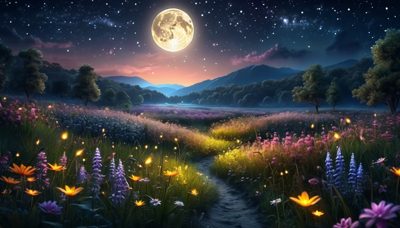 Prompt: landscape, moonlight, night time, stars, fireflies, flowers. night time, magical, fantasy, mythical, 4k, 8k, extremely clear, masterpiece, field of depth, hdr, detailed, hyper quality, vibrant, sharp focus, good composition, vivid, bright colors, high contrast,