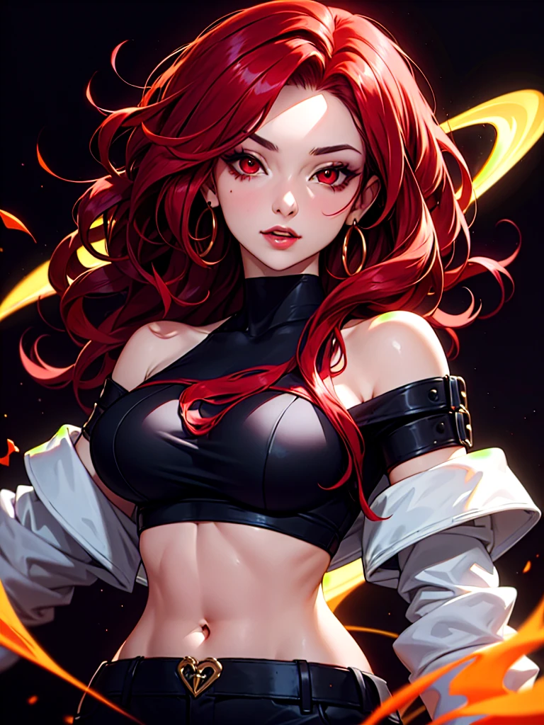 ((Portrait)), She has a Confident and Playful Appearance, with a Voluptuous Build and a Vibrant Aura. She Expresses a Seductive and Energetic Look, Giving Off a Charismatic and Spirited Attitude. She has Red Eyes, and Her Hair is Long, Black with Red Highlights, and Wavy. She Wears a Trendy Off-Shoulder Crop Top. ((Portrait, HDR, Dark Background))