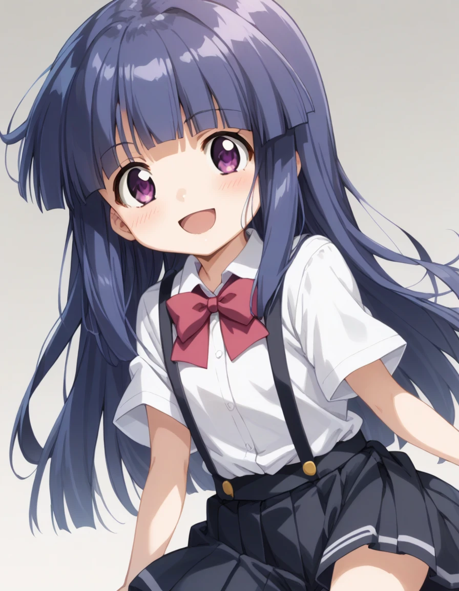 score_9, score_8_up, score_7_up, score_6_up, source_anime,,,,1girl, solo, furude rika, (tween:1), kawaii, blue hair, purple eyes, long hair, blunt bangs, bangs, simple background, white background, bow, skirt, shirt, suspenders, smile, short sleeves, pleated skirt, white shirt, open mouth, red bow, ^_^, suspender skirt, , black skirt, collared shirt, blush, bowtie, blunt bangs, dress shirtt, , anime screencap, anime coloring.serious,,cheek rest,