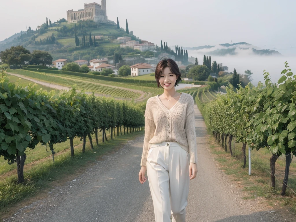 8k best picture quality, Beautiful 36-year-old Korean woman, clear and nice weather. Chest size 34 inches, italian countryside, past the vineyard, The cathedral is visible in the fog in the distance., The back background is realistic and vivid image quality, Short and medium hair blowing in the wind, Wearing high-end luxury knitwear. casual pants, Smile. the background is clear, Short and slim Korean woman, stand far away, Photo taken with a wide-angle lens, 1 woman