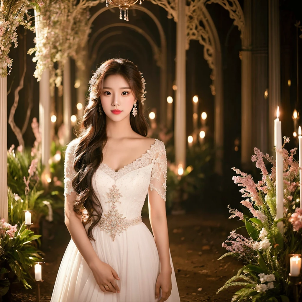 Generate an image of an extraordinarily beautiful 20-year-old Asian woman standing alone, whose beauty rivals that of a goddess of the fire element. She has large brown eyes, dark brown hair, glowing skin, and a captivating appearance. She is wearing a stunning white wedding dress that accentuates her elegance. The woman stands charmingly alone, her beauty appearing as if blessed by nature, in a very romantic and lovely aisle adorned with flowers and soft lighting, exuding a magical and serene atmosphere.