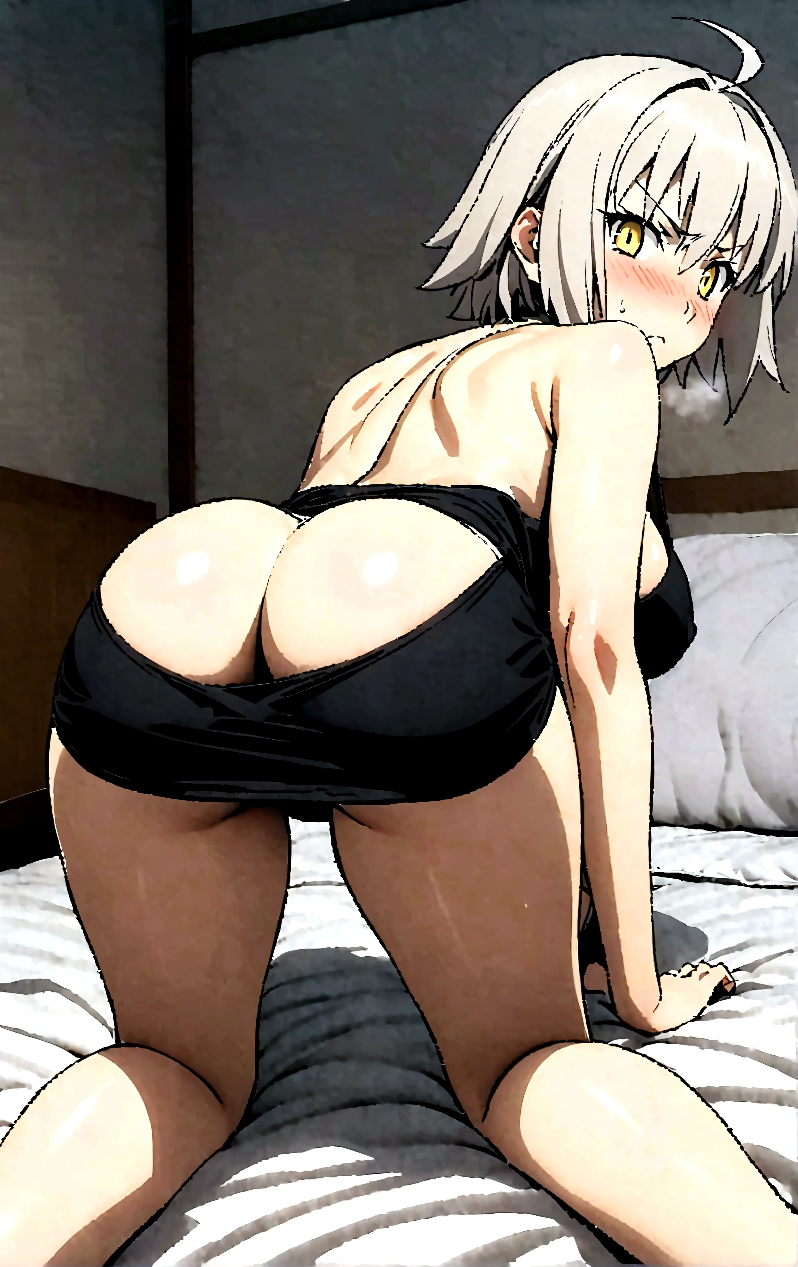 Prompt external generator TXT2IMG + High resolution score_9,score_8_up,score_7_up,score_6_up,score_5_up,score_4_up BREAK source_アニメ,rating_questionable,2 but,1girl,独奏,Joan of Arc Alter \(fate\),Gray Hair,short hair,Yellow Eyes,Big Breasts,Takashi Takeuchi,cinematic lightning,Ahoge,Short dress,Knee-high,Black boots,indoor,Bedroom,No sleeve,panties,vapor,On all fours,Ass Focus,From the back,blush,