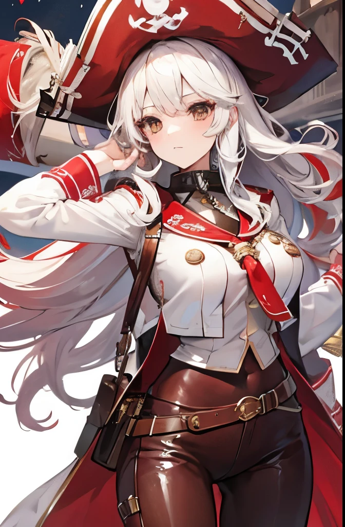 Best quality,high detail,masterpiece,one woman,white eyes,white long curly hair,Pirate hat,gun,red top,brown leather pants