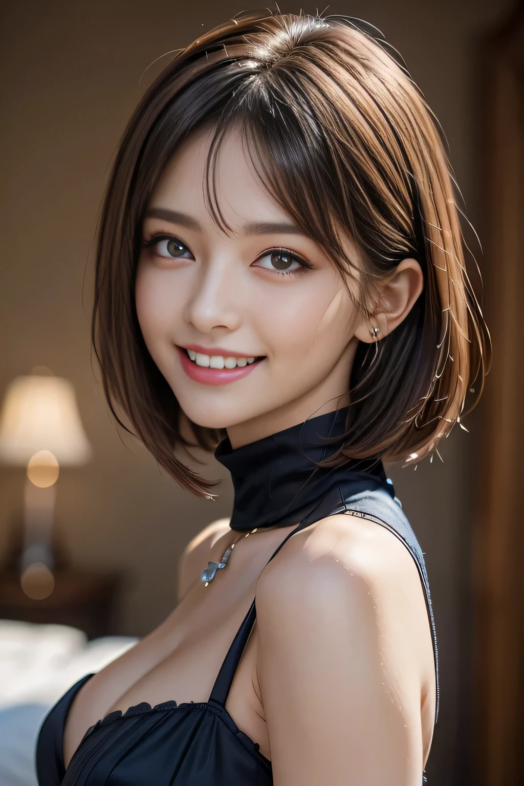 ((One ultimate beauty)), mature, Beautiful Face, Detailed lips, Beautiful eyes in every detail, double eyelid, Long eyelashes、grin, ((Beautiful teeth alignment)), Captivating Gaze、Captivating smile, Very short brunette bob、eyelash、Elegant eyeshadow、Seductive makeup、Seductive gestures、Captivating look、((An elegant red and black dress with intricate details))、(Large Breasts), high quality、High resolution、(Written boundary depth)、(chromatic aberration)、necklace、耳Nipple Ring、bracelet、RAW Photos、Realistic、(masterpiece)、Realistic、Masseter region, 最high quality，Hyper Detail，(Detailed eyes and face） charm:Natural Makeup，View your viewers, alone, ((Cowboy Shot))