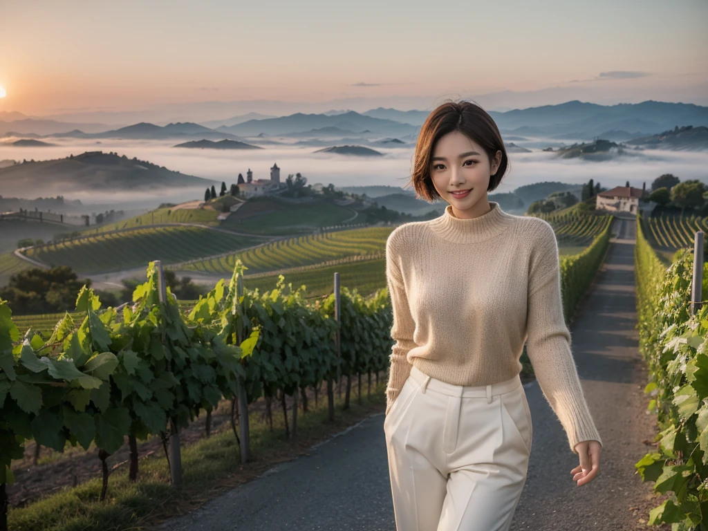 8k best picture quality, Beautiful 36-year-old Korean woman, clear and nice weather. Chest size 34 inches, Dense fog at dawn in the Italian countryside, past the vineyard, The cathedral is visible in the fog in the distance., The back background is realistic and vivid image quality, Short and medium hair blowing in the wind, Wearing high-end luxury knitwear. casual pants, Smile. the background is clear, Short and slim Korean woman, stand far away, Photo taken with a wide-angle lens, The red sun rises, short hair in the wind