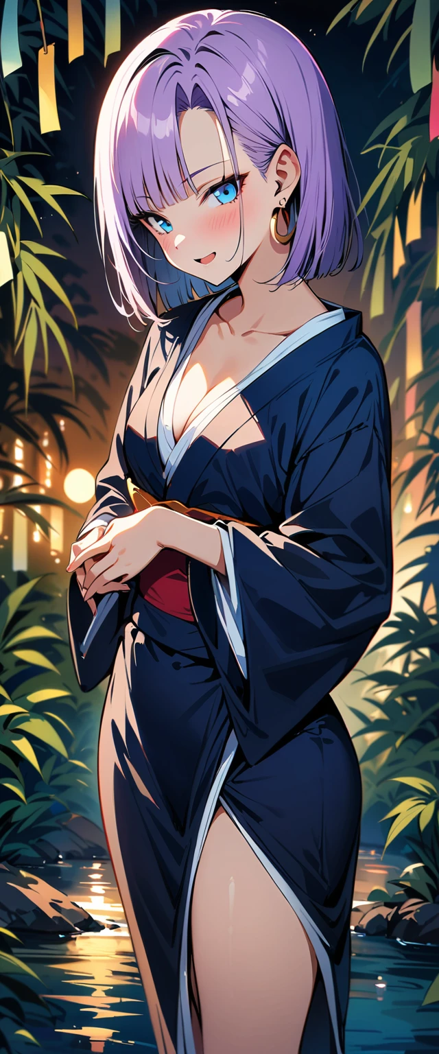 (masterpiece, best quality:1.2), 1girl, (solo), Android 18 from Dragon Ball, ((navy kimono)), (standing), small breasts, blunt bangs, short purple hair, (blue eyes), earrings on earlobes, slim, slender feminine figure, skinny body, blush, sky, magnificent view, blur background, 4K, open mouth, river, smile, (own hands together), (Tanabata), night, moon, collarbone, cleavage, outside, a strip of paper, bamboo forest, white bra,