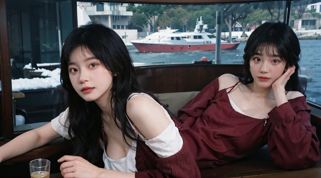 Best quality,masterpiece,Ultra-high resolution,(Realistically:1.4),1 Girl,Big wavy hair,Double eyelids,A pair of peach blossom eyes,Sexy highlighted,Snow-white and translucent skin,Look directly at the audience,On the yacht,Full of atmosphere,The cleavage is very tempting,,(Red Dress:1.8),(Upper part of the body:1.4),