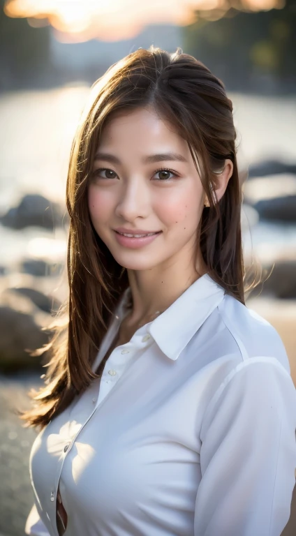 ((Highest quality, 8K, masterpiece: 1.3)), Sharp focus: 1.2, Beautiful woman with perfect figure: 1.4, Slim Abs: 1.2, (Layered Hairstyles,: 1.2)), (Wet White Button Long Shirt: 1.3), rain: 1.3, street: 1.2, Wet body: 1.1, Highly detailed face and skin texture, Fine grain, double eyelid, Big Breasts, smile,