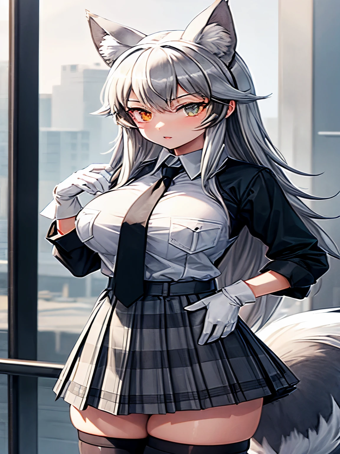 grey wolf \(kemono friends\), 2girl, two-tone hair, long hair, wolf ears, heterochromia, wolf tail, (large breasts), fur collar, collared shirt, black shirt, breast pocket, plaid necktie, plaid skirt, pleated skirt, white gloves (holding breast), two-tone thighhighs, fur-trimmed boots