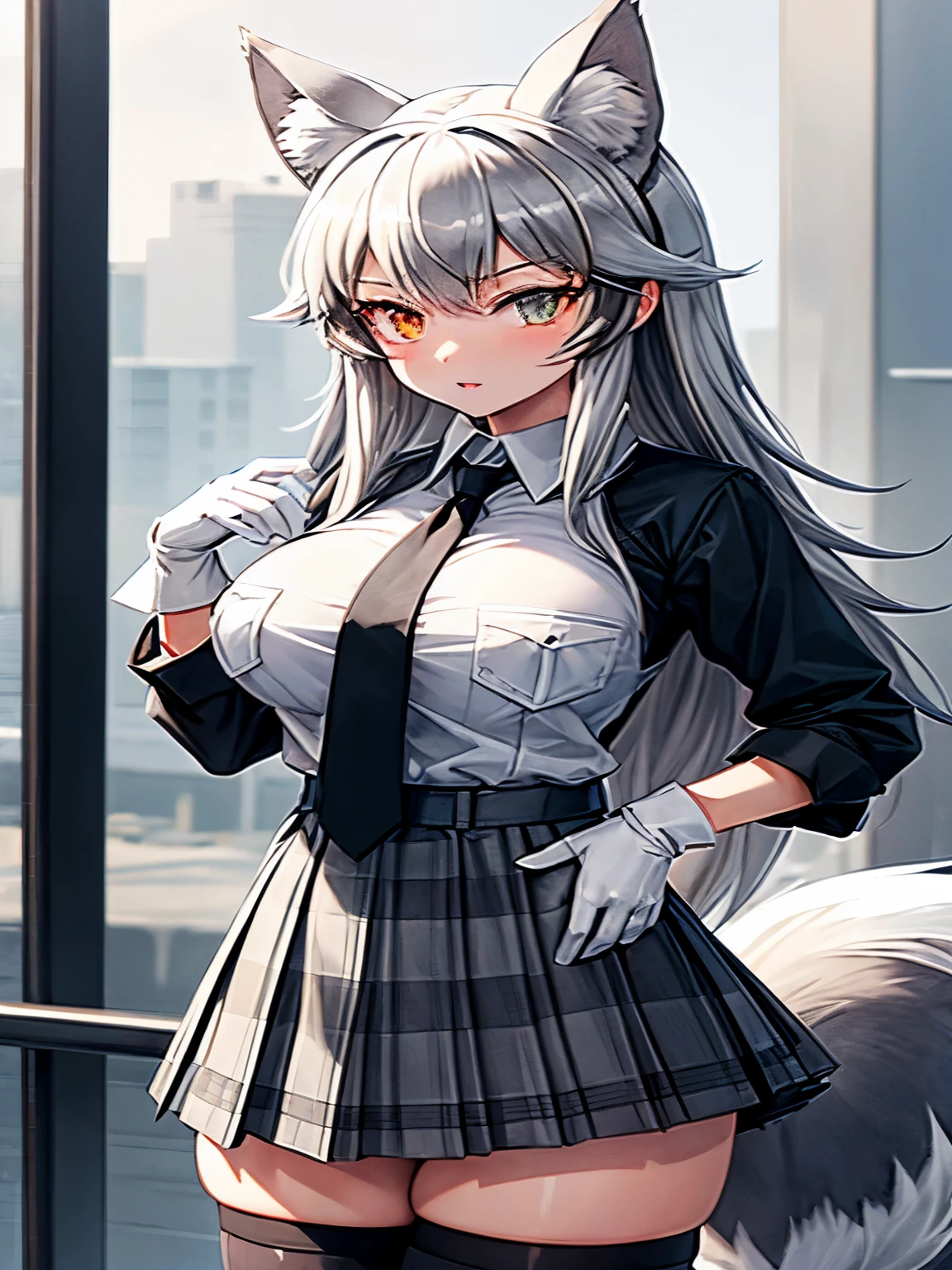 grey wolf \(kemono friends\), 2girl, two-tone hair, long hair, wolf ears, heterochromia, wolf tail, (large breasts), fur collar, collared shirt, black shirt, breast pocket, plaid necktie, plaid skirt, pleated skirt, white gloves (holding breast), two-tone thighhighs, fur-trimmed boots