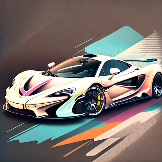 T-shirt graphic design art, a retro graphic design, McLaren p1, two miami, soft four-color color, vintage pastel tone, highly detailed cleanliness, vector image, masterpiece realistic, professional photograpy, realistic car, simple car sunrise background, flat black background, isometric, vibrant vector