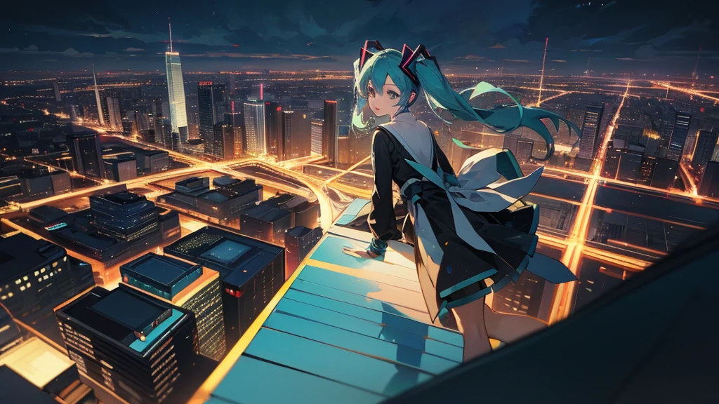 Image of Hatsune Miku performing in hip-hop style with the city night view as the background。