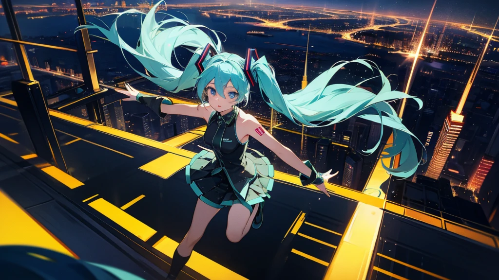 Image of Hatsune Miku performing in hip-hop style with the city night view as the background。