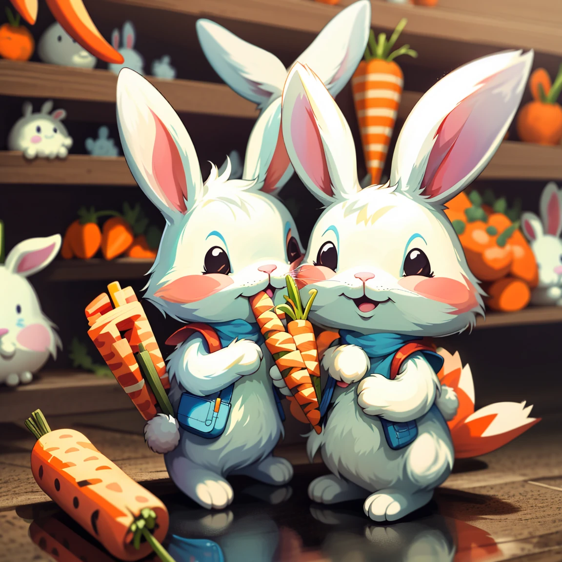 sticker, 1 cartoon, rabbit, eating carrot, happy