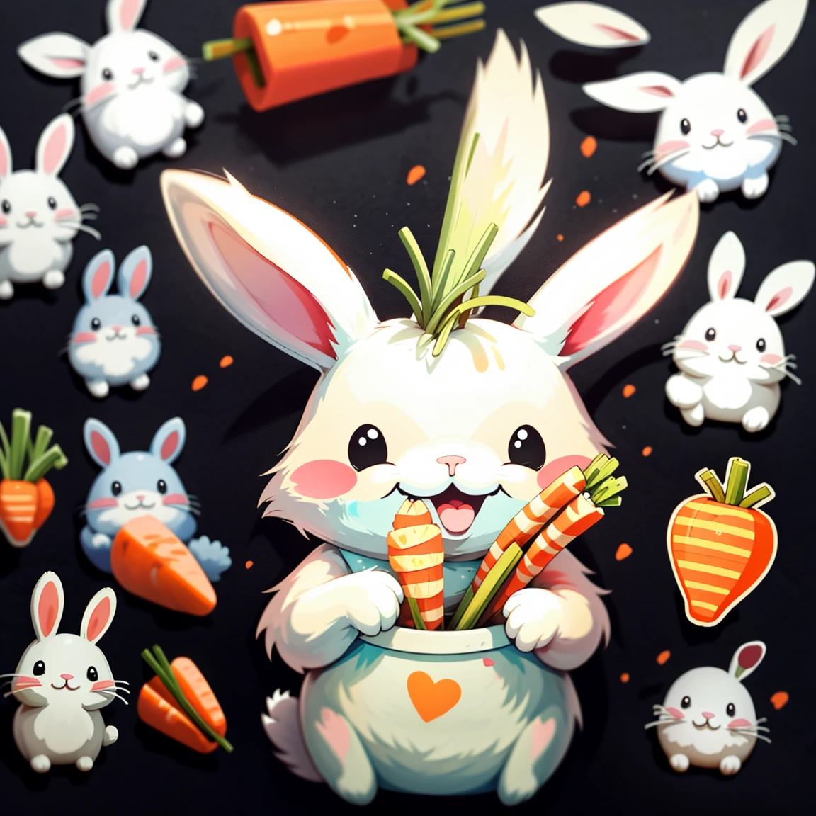 sticker, 1 cartoon, rabbit, eating carrot, happy
