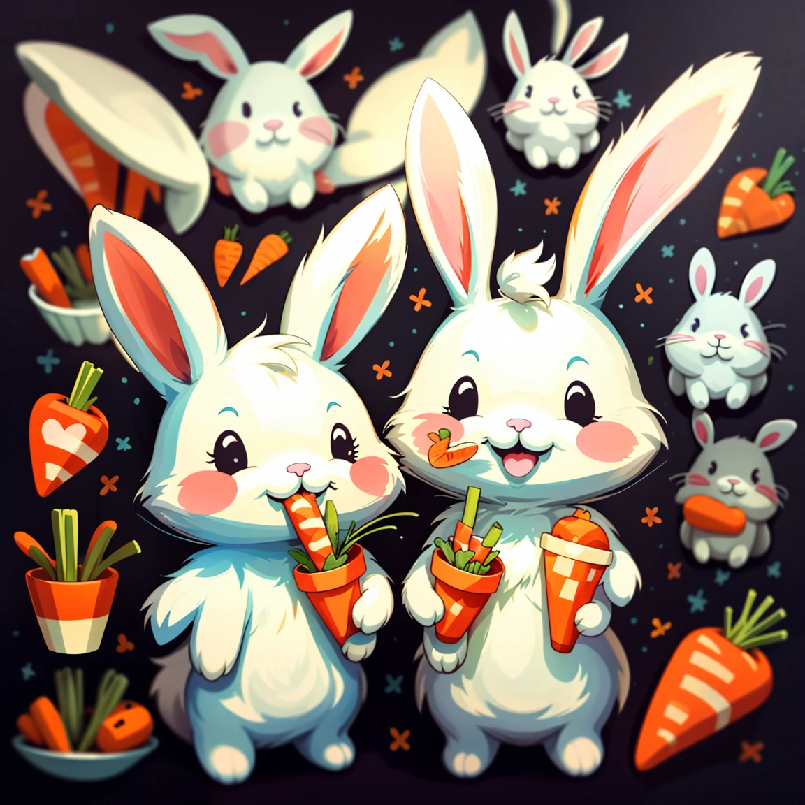 sticker, 1 cartoon, rabbit, eating carrot, happy