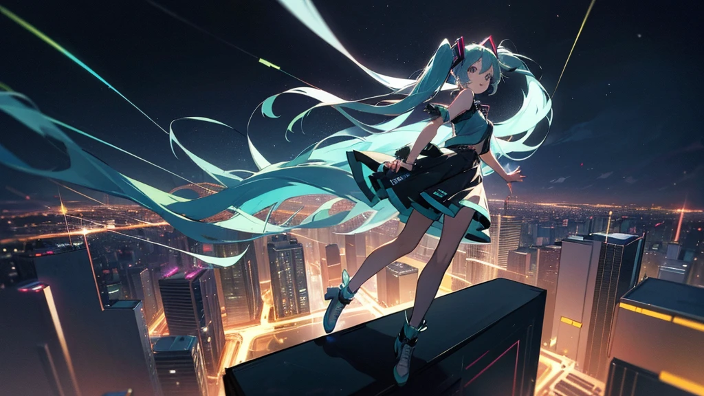 Image of Hatsune Miku performing in hip-hop style with the city night view as the background。