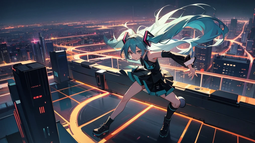 Image of Hatsune Miku performing in hip-hop style with the city night view as the background。