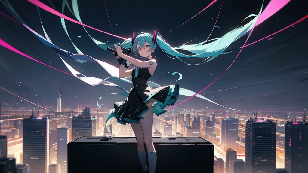 Image of Hatsune Miku performing in hip-hop style with the city night view as the background。