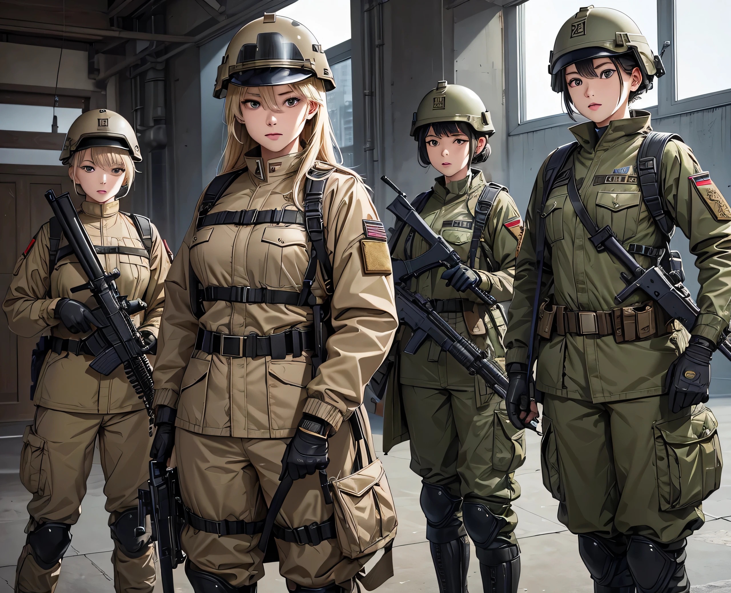 A group of female soldiers on guard with guns、All in beige jacket military uniform、Wear a steel helmet、Military Pants、Magazine belt、Tactical harness、Knee pads、Indoor Arsenal、Write details、masterpiece、best quality、Highly detailed CG、8K picture quality