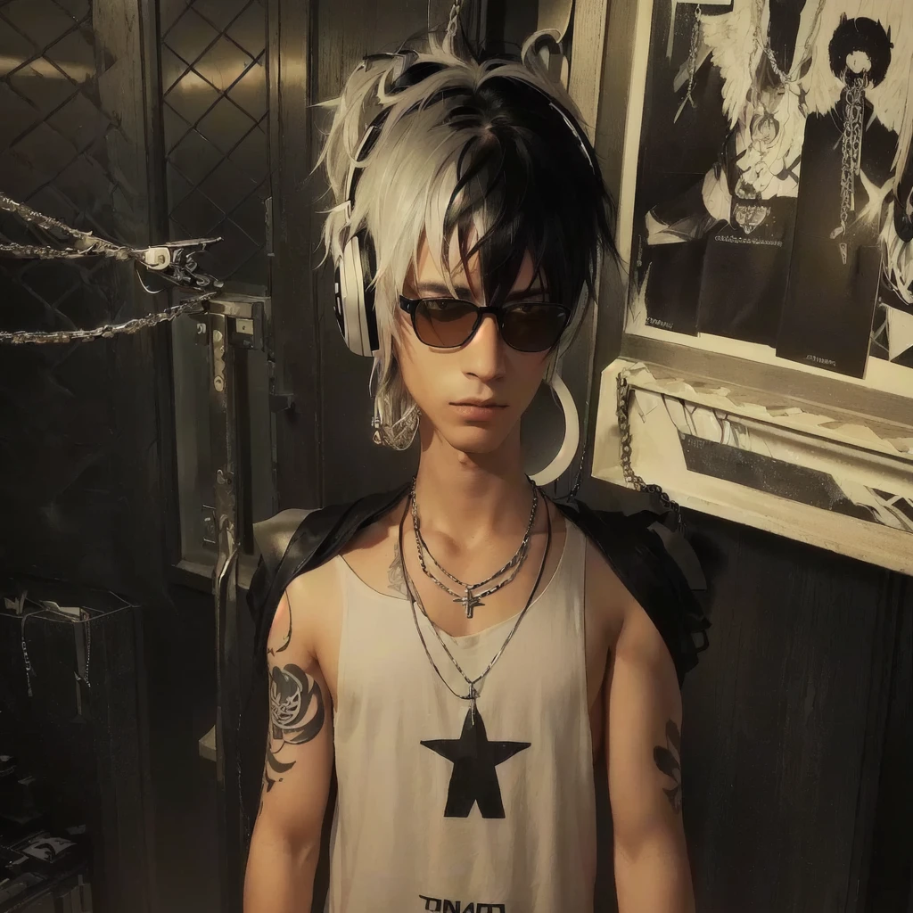 there is a man with black and white hair colour, with an angel tattoo on his arm, with headphones on his head, and a punk man wearing glasses with a fire motif, wearing a chain necklace, realistic