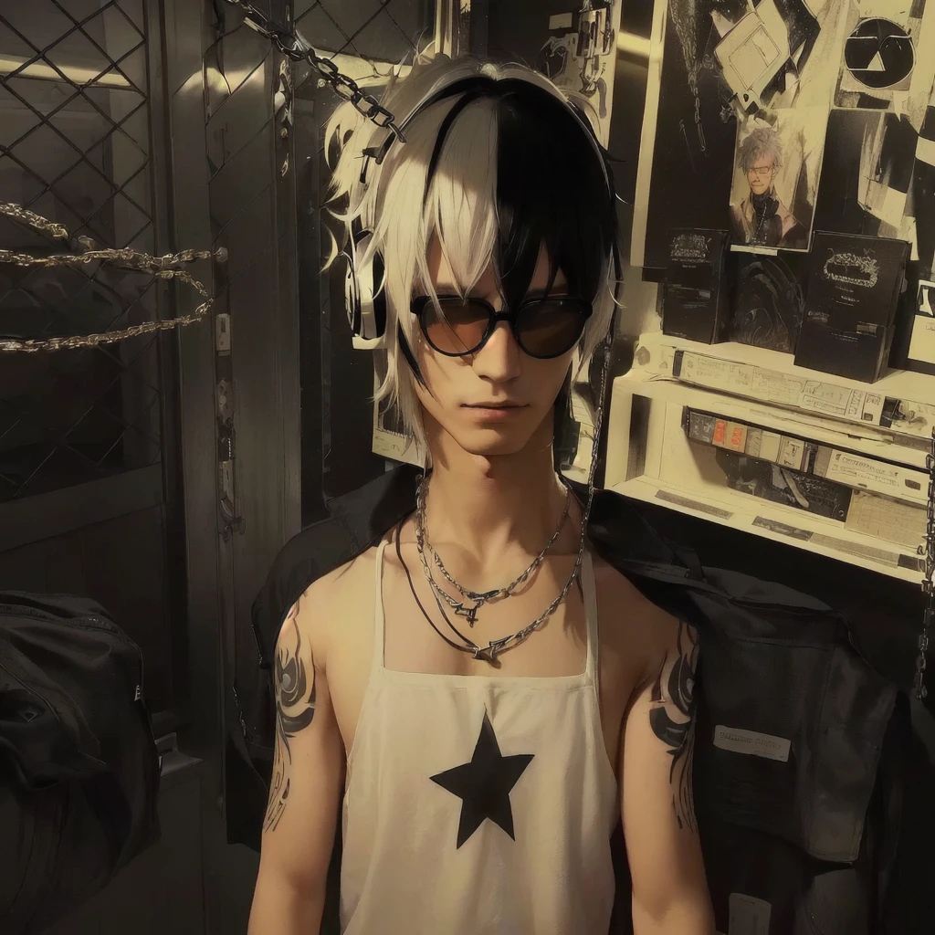 there is a man with black and white hair colour, with an angel tattoo on his arm, with headphones on his head, and a punk man wearing glasses with a fire motif, wearing a chain necklace, realistic