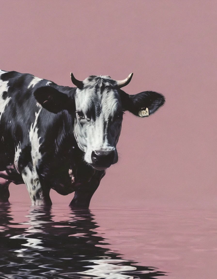 cow in water, light soft pink background
