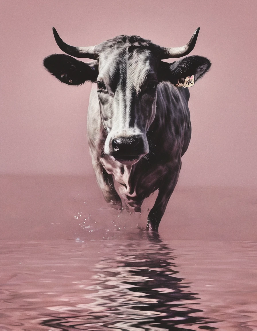 cow in water, light soft pink background