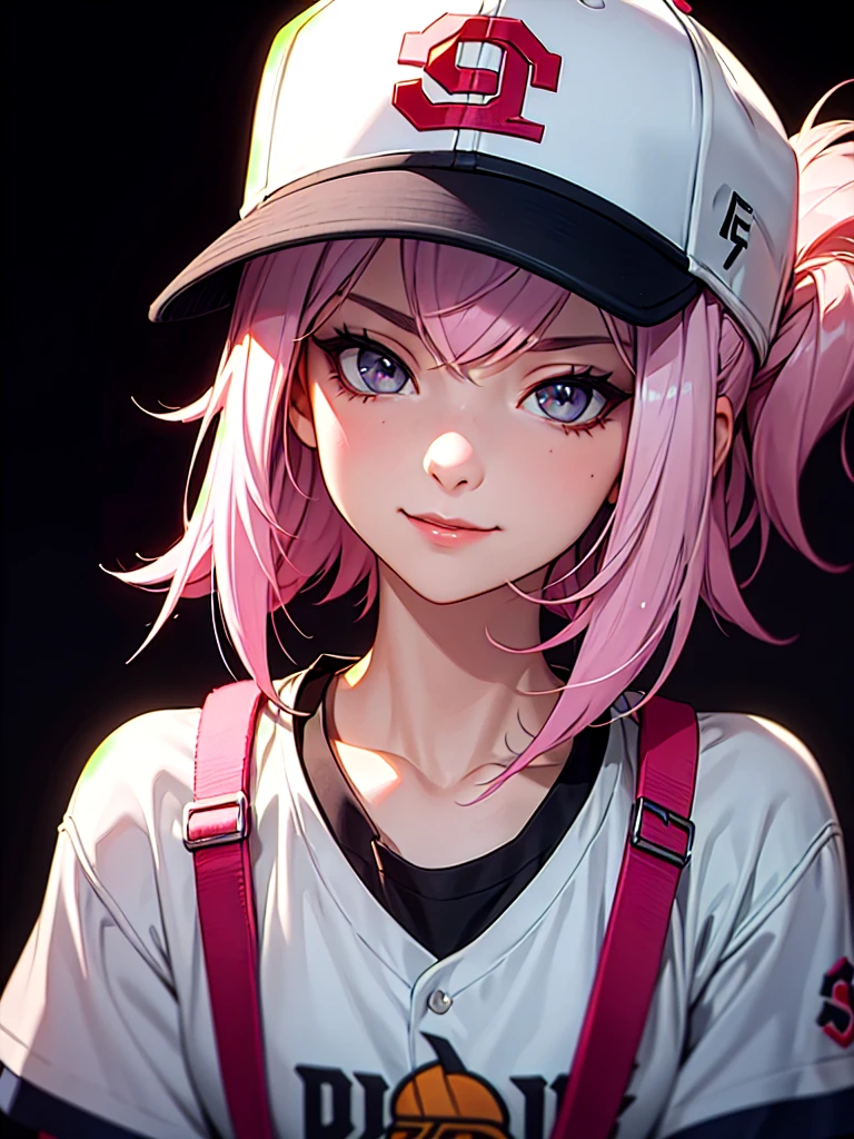 ((Portrait)), She has a Youthful and Relaxed Appearance, with a Build and a Lively Aura. She Expresses a Mischievous and Curious Look, Giving Off a Playful and Dynamic Attitude. She has Light Gray Eyes, Her Hair is Short, Silver with Pink Highlights, and Tousled. She Wears a Casual Streetwear Outfit with a Baseball Cap and a Loose-Fitting T-Shirt. ((Portrait, HDR, Dark Background))