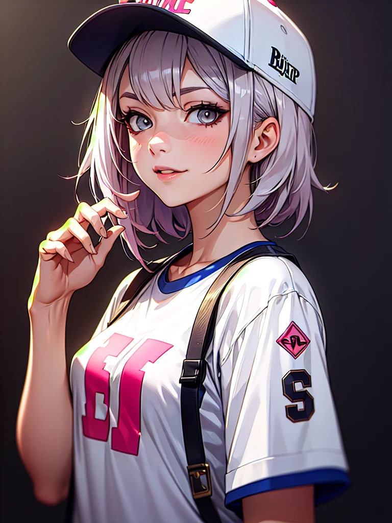 ((Portrait)), She has a Youthful and Relaxed Appearance, with a Build and a Lively Aura. She Expresses a Mischievous and Curious Look, Giving Off a Playful and Dynamic Attitude. She has Light Gray Eyes, Her Hair is Short, Silver with Pink Highlights, and Tousled. She Wears a Casual Streetwear Outfit with a Baseball Cap and a Loose-Fitting T-Shirt. ((Portrait, HDR, Dark Background))