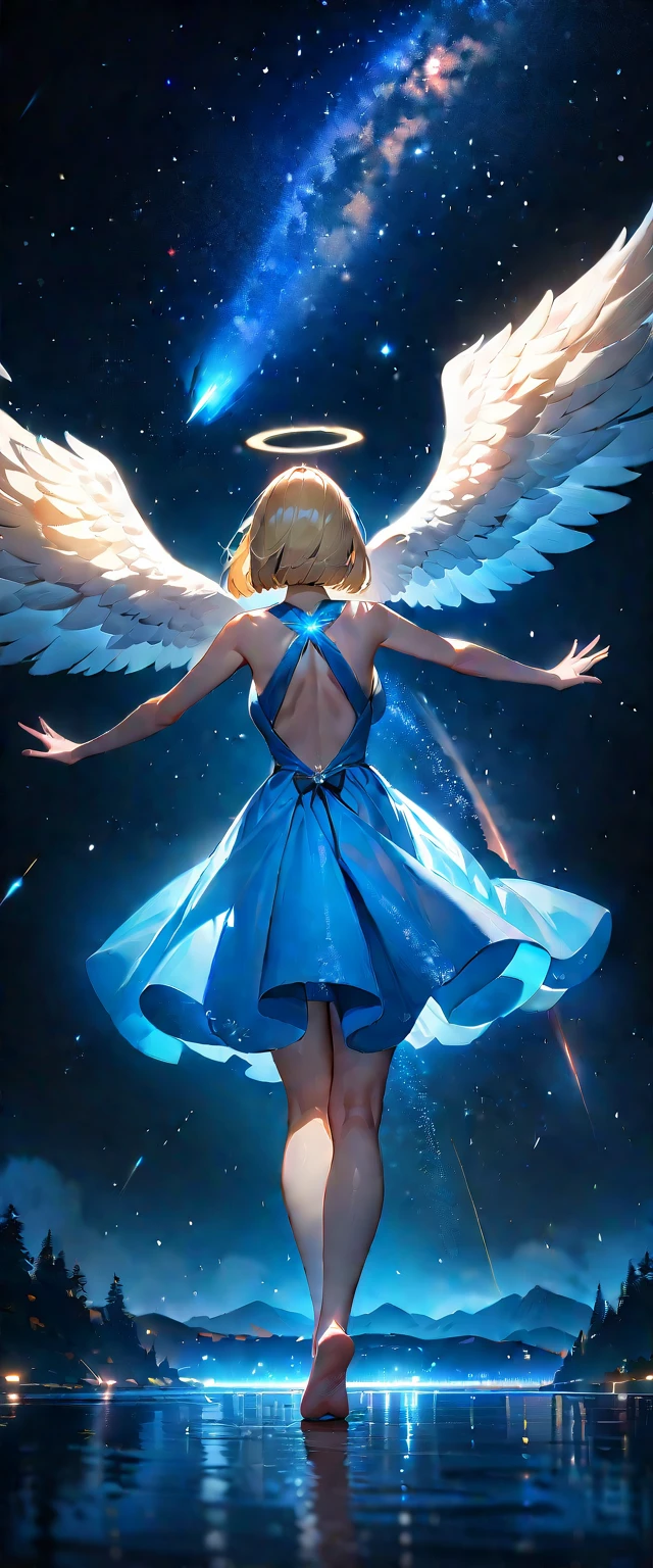 (((A meteor shower dancing in the night sky, countless stars twinkling in the clear air, a beautiful starry sky, the Milky Way shining beautifully in the night))), flying, (((with big angel wings on back))), halo, backless dress, looking up, mountain, wide shot, back shot, a girl, bob cut, bare legs, bare foot, blond hair, (best quality, 4K, 8K, highres, masterpiece:1.2, ultra-detailed, HDR, uhd, studio lighting, ultra-fine painting, sharp focus, physically-based rendering, extreme detail description, professional, vivid colors, bokeh)