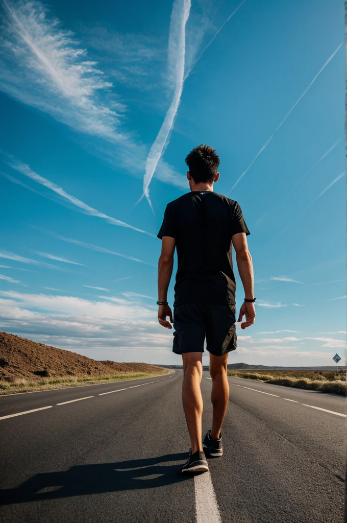 Alone man on road with beautiful sky